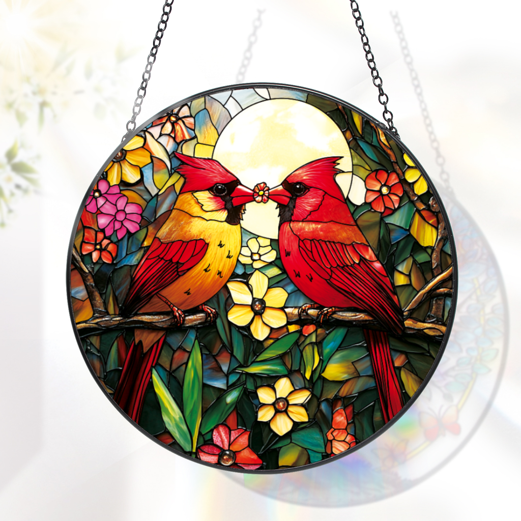 Cardinal Stained Glass Suncatcher - Red Bird Sun Catcher for Windows, Memorial Gift for Mom Grandma Bird Lovers, 6.31 Inch Painted Glass Panel Hanging Decor