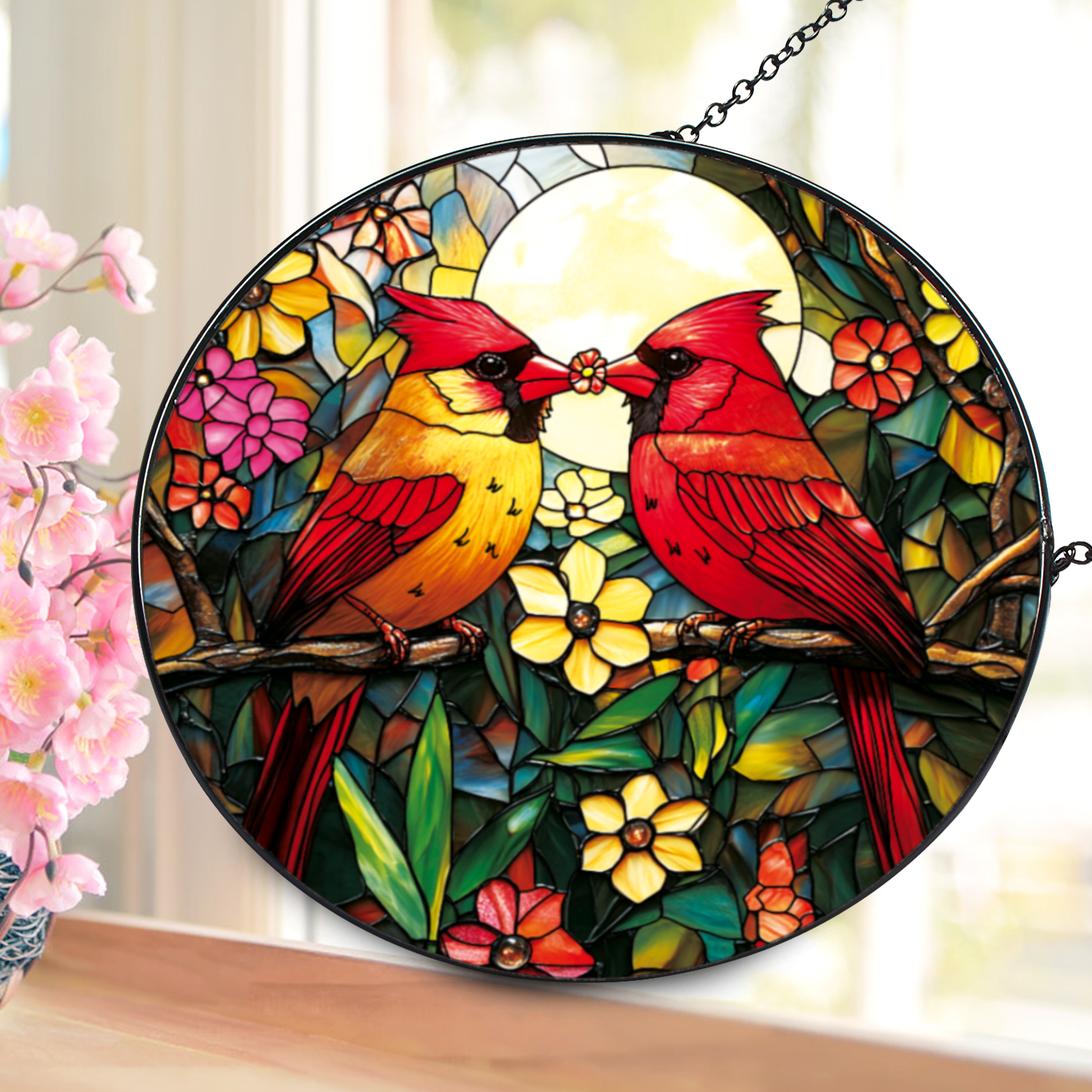 Cardinal Stained Glass Suncatcher - Red Bird Sun Catcher for Windows, Memorial Gift for Mom Grandma Bird Lovers, 6.31 Inch Painted Glass Panel Hanging Decor