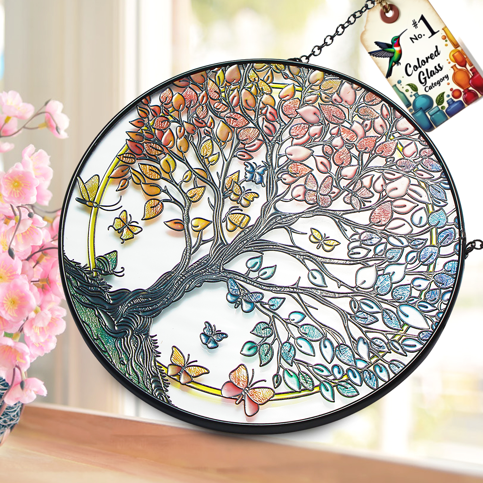 Stained Glass Sun Catcher for Windows Hanging - Handmade Tree of Life Window Decor for Women, Mom, Indoor/Outdoor Suncatchers for Home Garden, Christmas Wedding Housewarming Gift (6.31x6.31In)