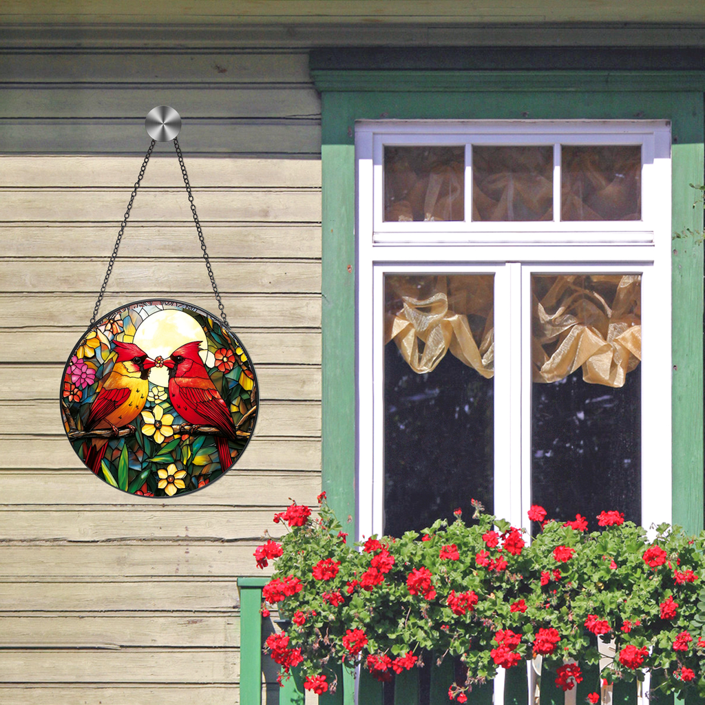 Cardinal Stained Glass Suncatcher - Red Bird Sun Catcher for Windows, Memorial Gift for Mom Grandma Bird Lovers, 6.31 Inch Painted Glass Panel Hanging Decor