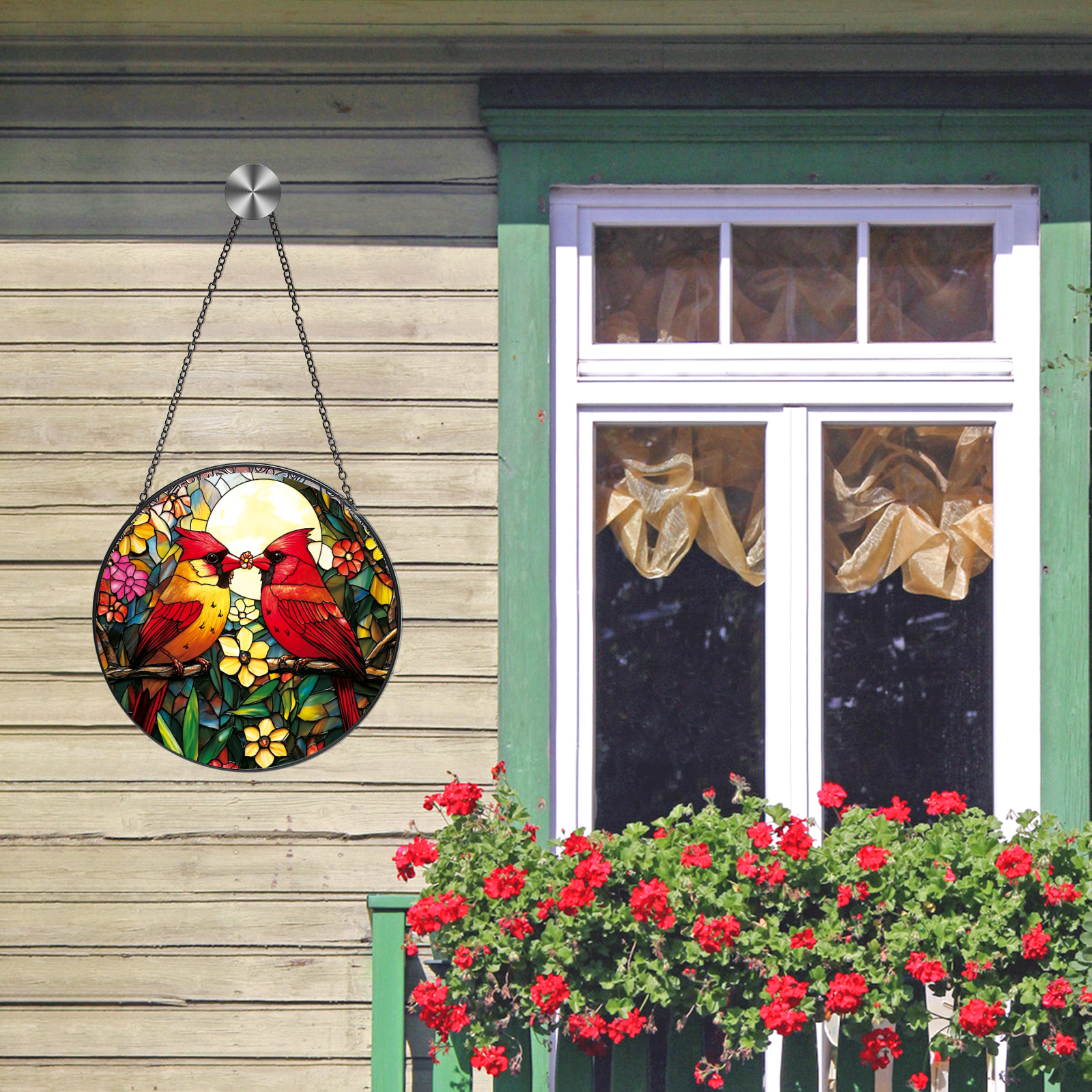 Cardinal Stained Glass Suncatcher - Red Bird Sun Catcher for Windows, Memorial Gift for Mom Grandma Bird Lovers, 6.31 Inch Painted Glass Panel Hanging Decor