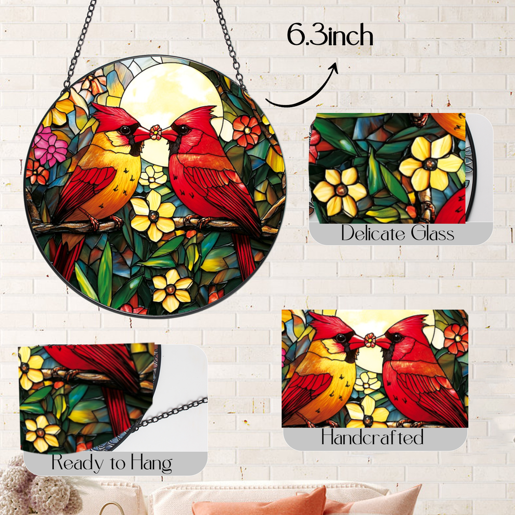 Cardinal Stained Glass Suncatcher - Red Bird Sun Catcher for Windows, Memorial Gift for Mom Grandma Bird Lovers, 6.31 Inch Painted Glass Panel Hanging Decor