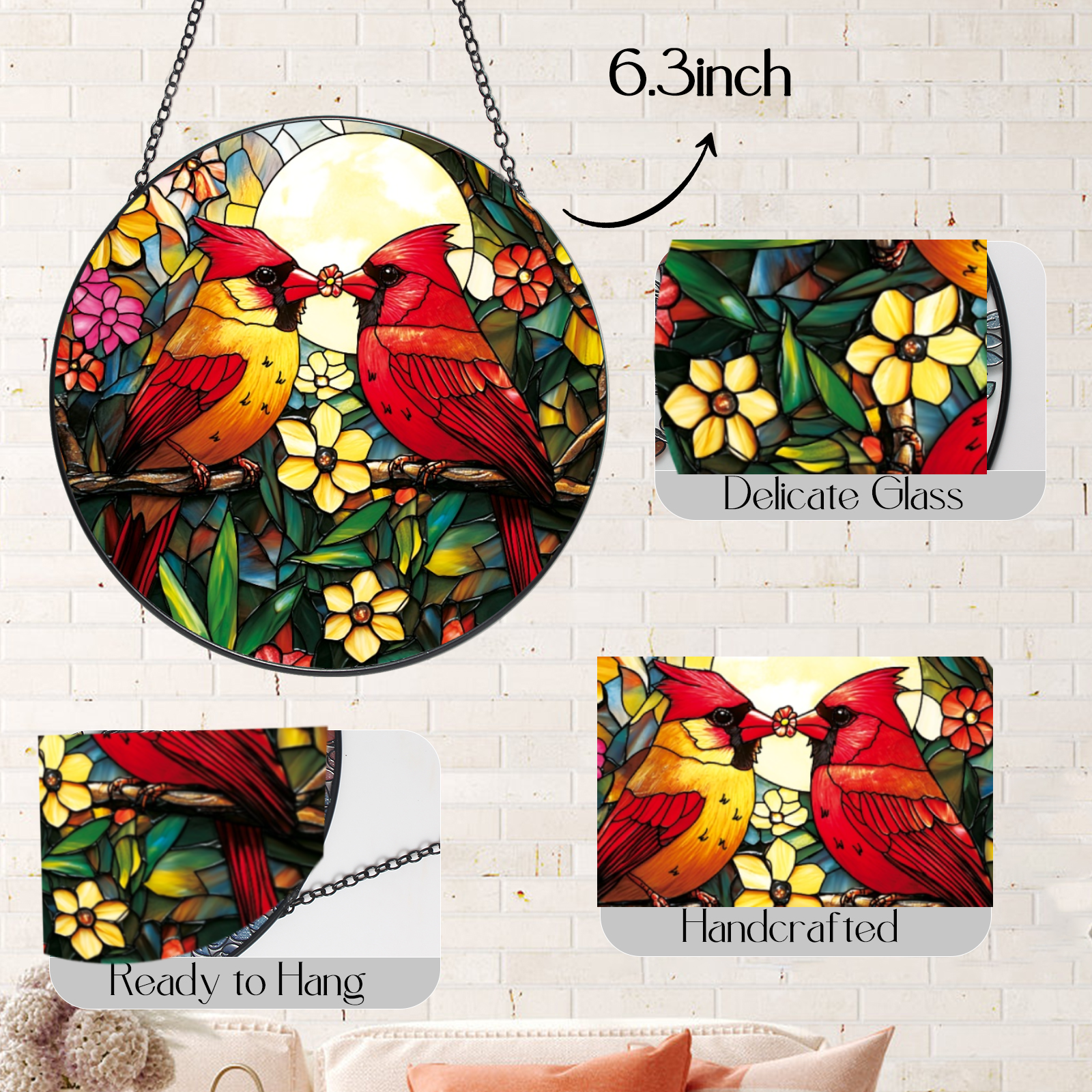 Cardinal Stained Glass Suncatcher - Red Bird Sun Catcher for Windows, Memorial Gift for Mom Grandma Bird Lovers, 6.31 Inch Painted Glass Panel Hanging Decor