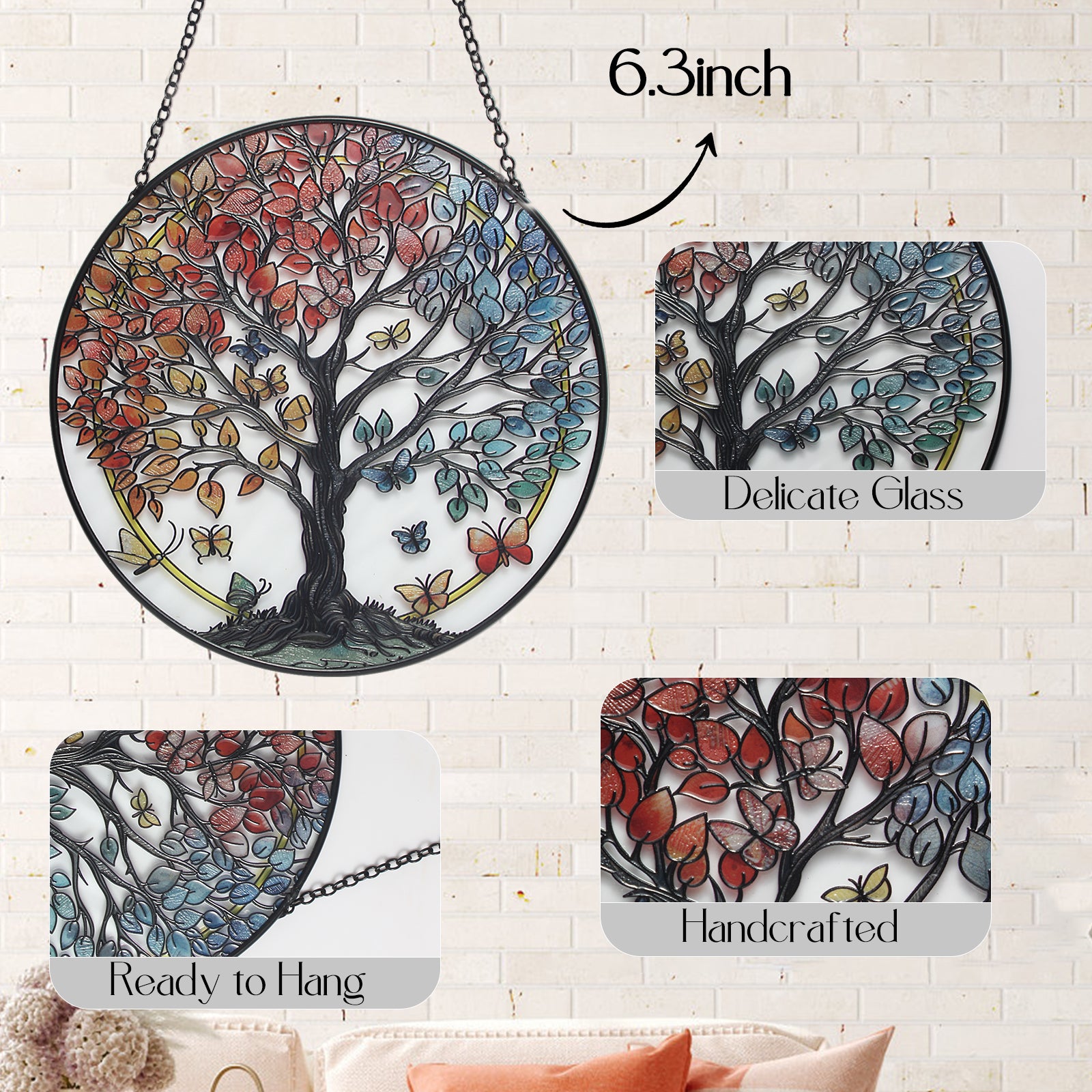 Stained Glass Sun Catcher for Windows Hanging - Handmade Tree of Life Window Decor for Women, Mom, Indoor/Outdoor Suncatchers for Home Garden, Christmas Wedding Housewarming Gift (6.31x6.31In)