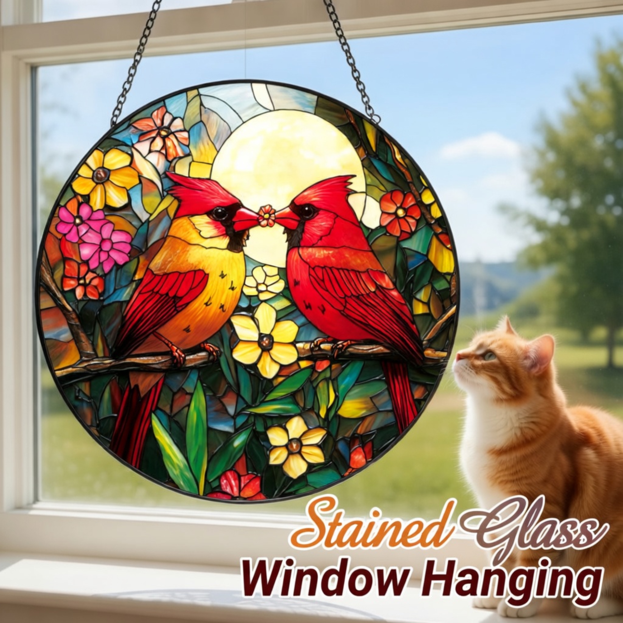 Cardinal Stained Glass Suncatcher - Red Bird Sun Catcher for Windows, Memorial Gift for Mom Grandma Bird Lovers, 6.31 Inch Painted Glass Panel Hanging Decor