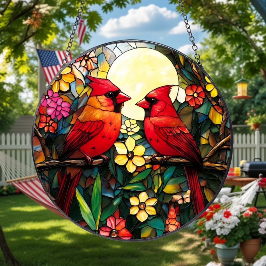 Cardinal Stained Glass Suncatcher - Red Bird Sun Catcher for Windows, Memorial Gift for Mom Grandma Bird Lovers, 6.31 Inch Painted Glass Panel Hanging Decor